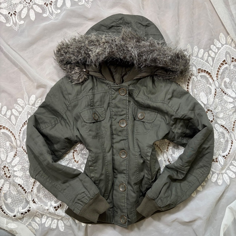Y2K Grunge Olive Green Faux Fur Hood Utility Bomber Jacket Cotton Shell Size L